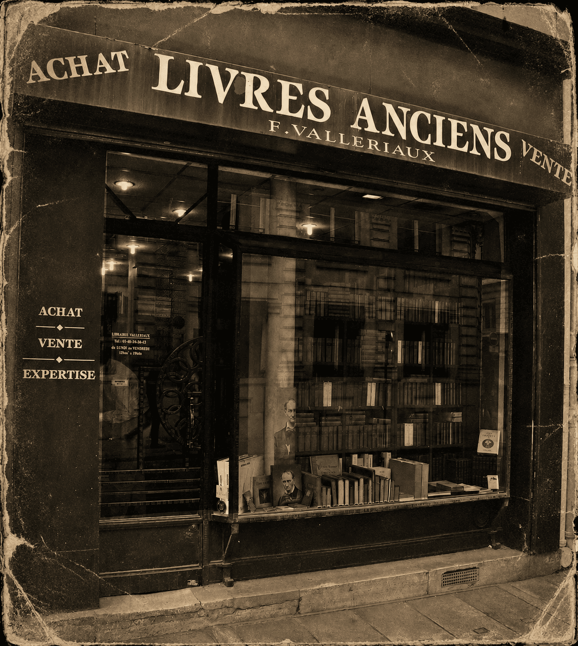 Façade de la Librairie Valleriaux : achat, vente et expertise de livres anciens, 23 rue Le Peletier, Paris IXe